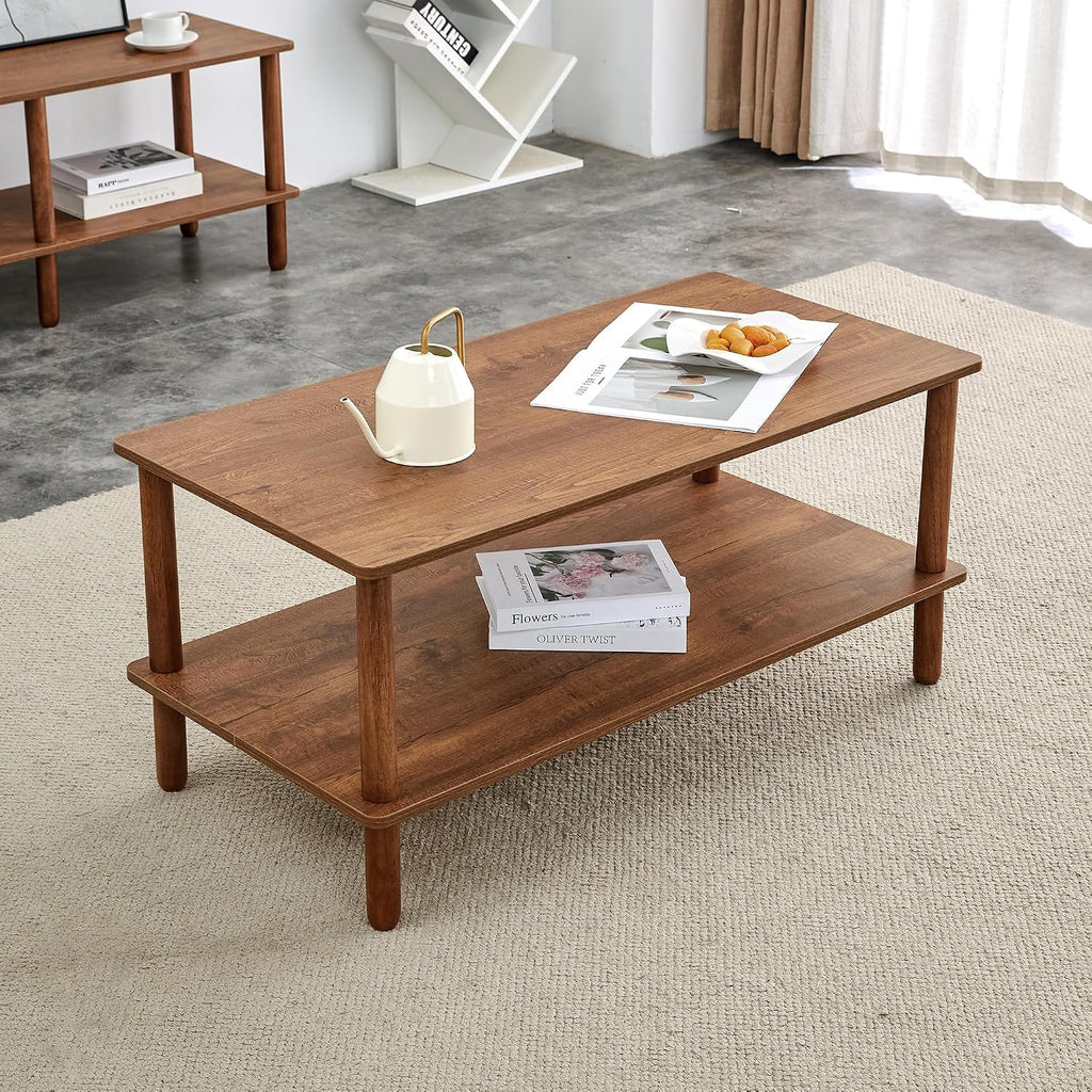 Modern Double-Layer Living Room Coffee Table, Rectangular Center Table with Open Storage Rack, Circular Rubber Wooden Leg Coffee Table, Stable and Durable, Easy to Assemble (Walnut + MDF)