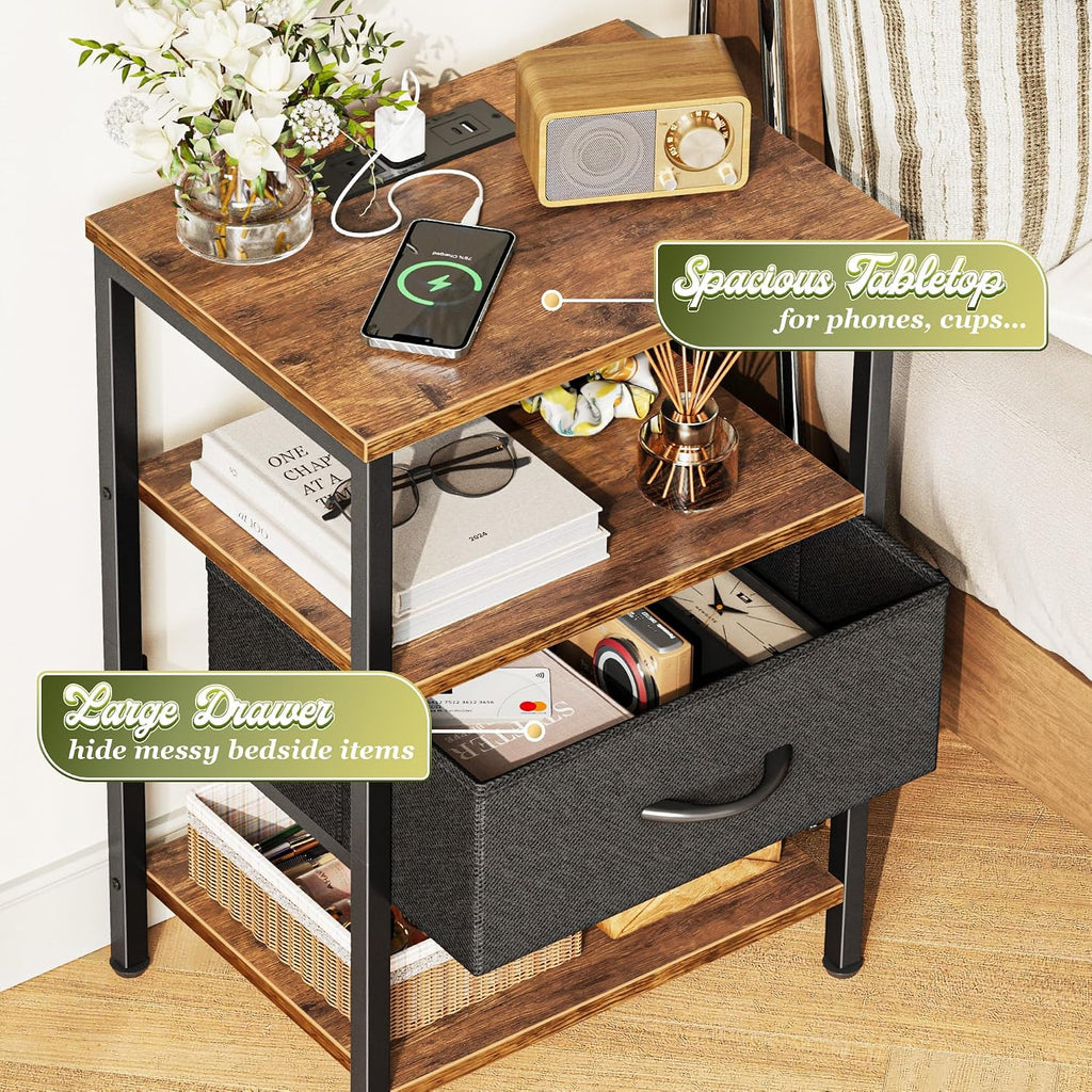 SUPERJARE Nightstand with Charging Station, Bed Side Table with Adjustable Fabric Drawer, Night Stand for Bedroom, 3-Tier Storage End Table, for Living Room, Rustic Brown and Black