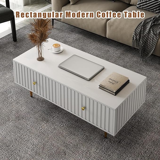 Modern Coffee Table with Storage with 2 Big Drawers, White Rectangle Coffee Table for Living Room, Wooden Fluted Table Accent Tea Table for Living Room Apartment Small Space
