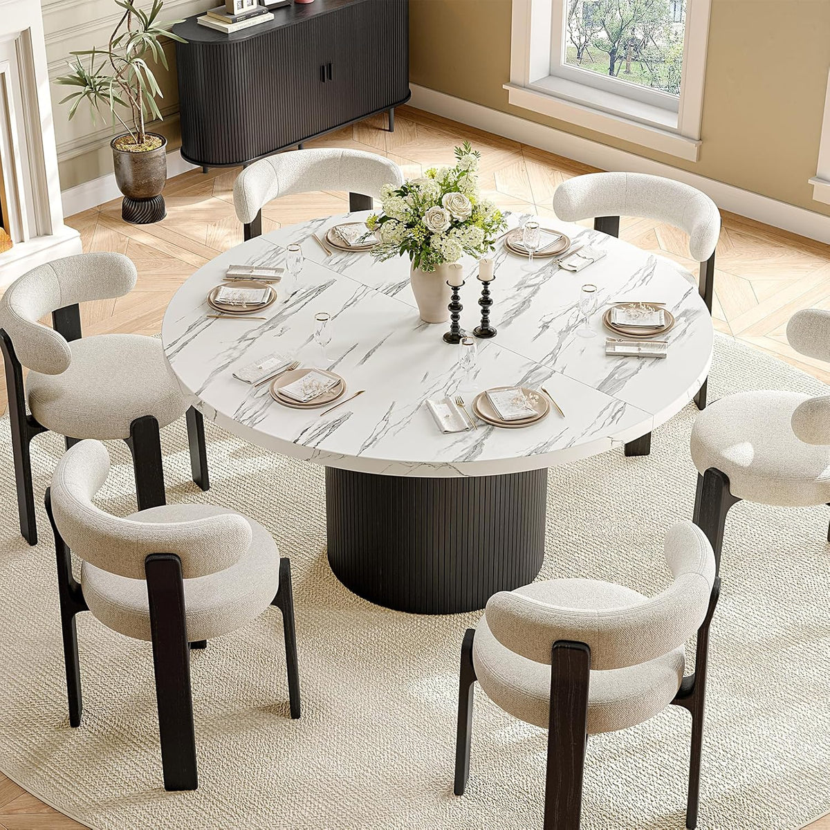 47 Inch Round Dining Table for 4, Circle Kitchen Table with Wood Strip Base, Modern Farmhouse Dinner Tables for Kitchen, Living Room (Marble Texture)
