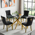 Modern 5-Piece Round Glass Dining Table Set for 4, Modern 47" Gold Glass Dining Room Table Set with Black Velvet Tufted Chairs for Kitchen Dining Room