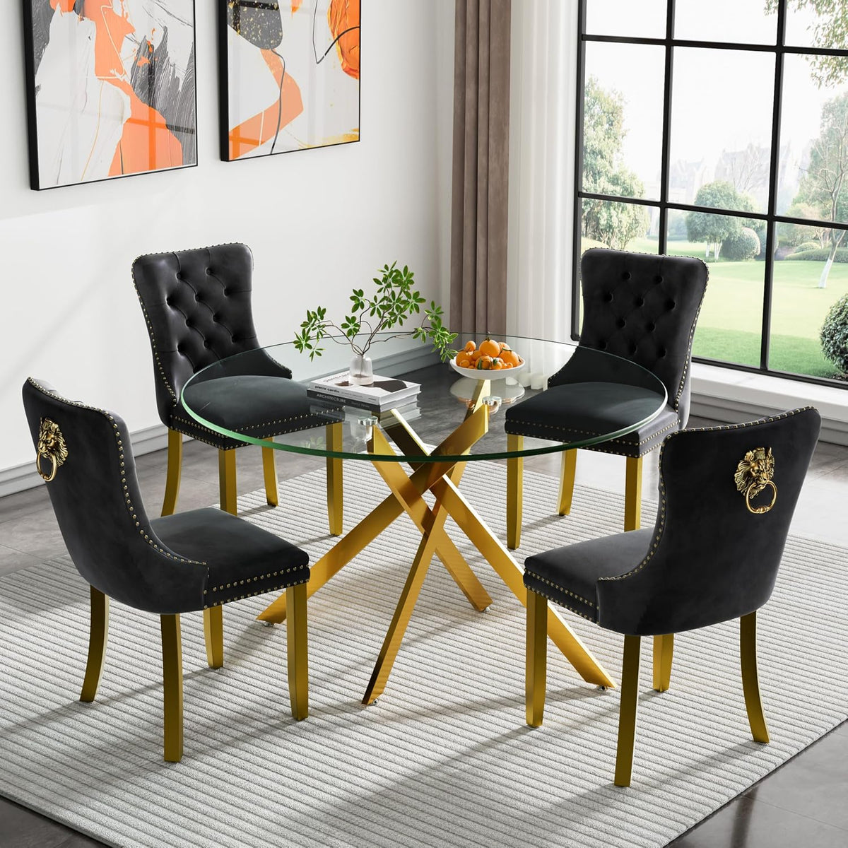 Modern 5-Piece Round Glass Dining Table Set for 4, Modern 47" Gold Glass Dining Room Table Set with Black Velvet Tufted Chairs for Kitchen Dining Room