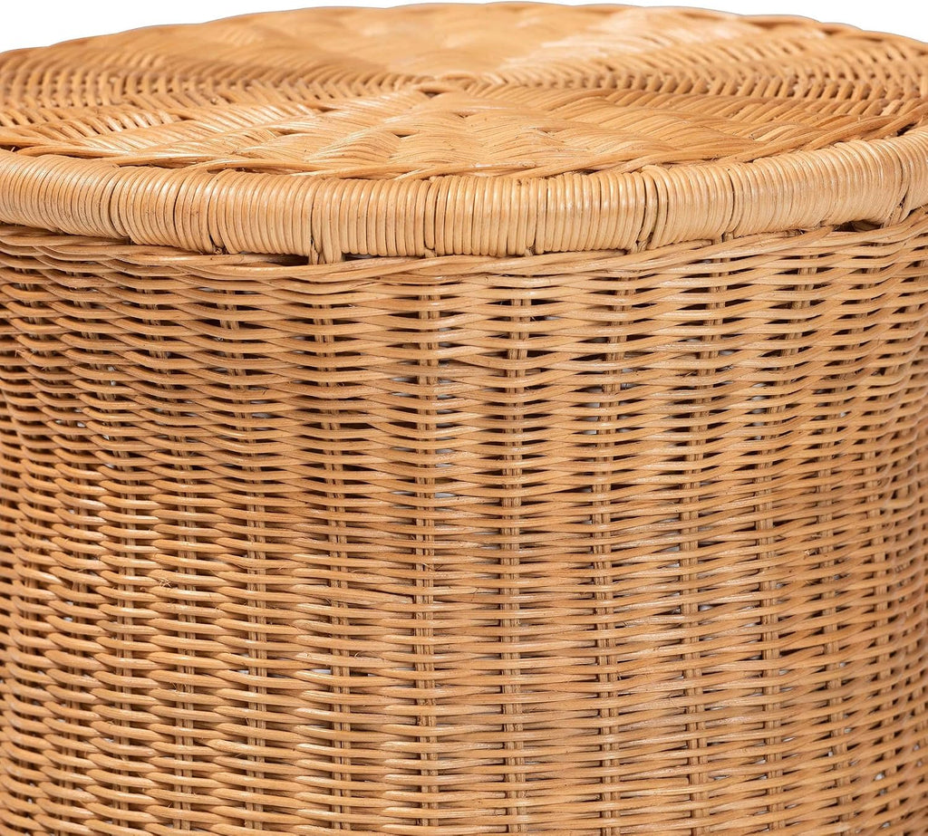 Bali & pari Caroline Round Natural Rattan End Table – Handwoven Wicker Drum Shape Accent Table for Living Room or Sunroom, Light Honey