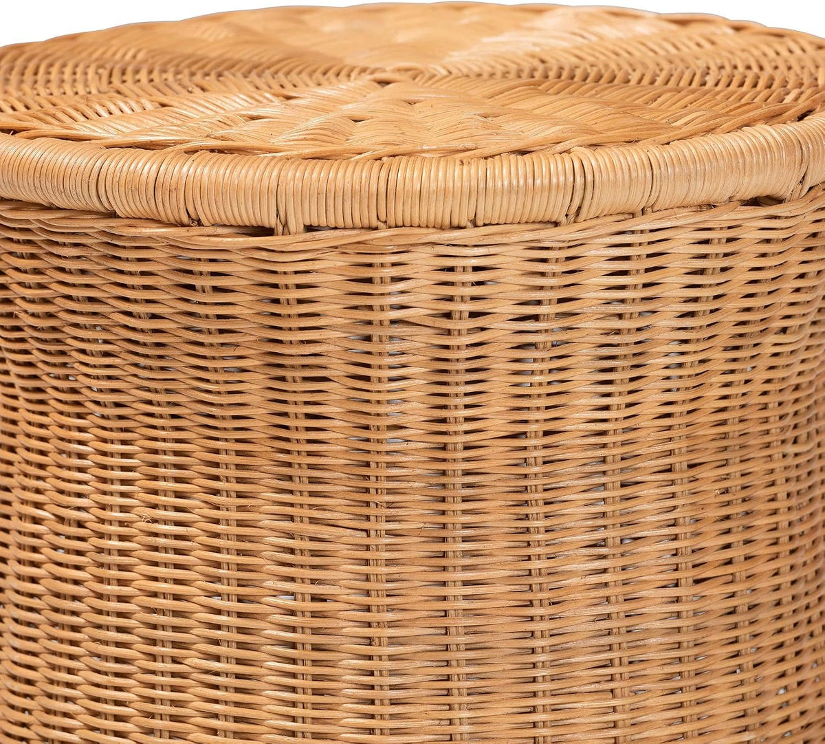 Bali & pari Caroline Round Natural Rattan End Table – Handwoven Wicker Drum Shape Accent Table for Living Room or Sunroom, Light Honey