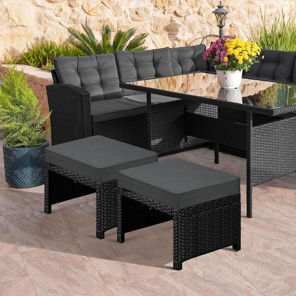Yaheetech Wicker Ottomans, Set of 2 Footrest with Removable Cushion, 2pcs PE Rattan Side Table Additional Seating Multipurpose Outdoor Furniture for Patio, Backyard, Black/Gray