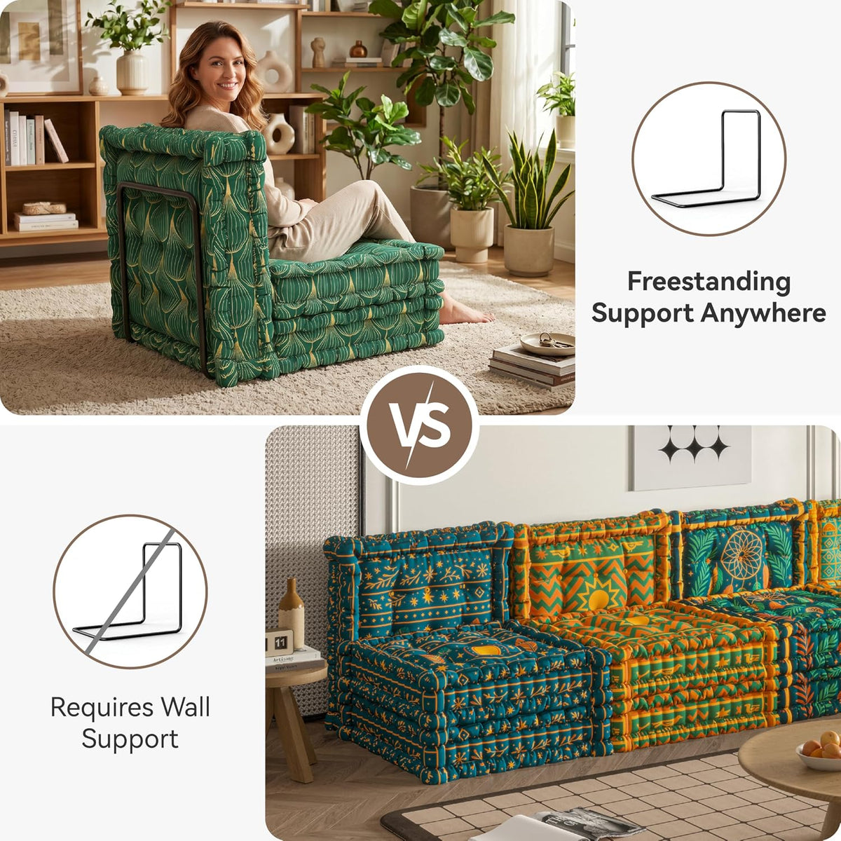 WOWMAX L-Shaped Metal Support Frame for Our Boho Floor Sofa, Freestanding Sofa Bracket Accessory, Easy Assembly, Sturdy Back Support, Sofa Not Included