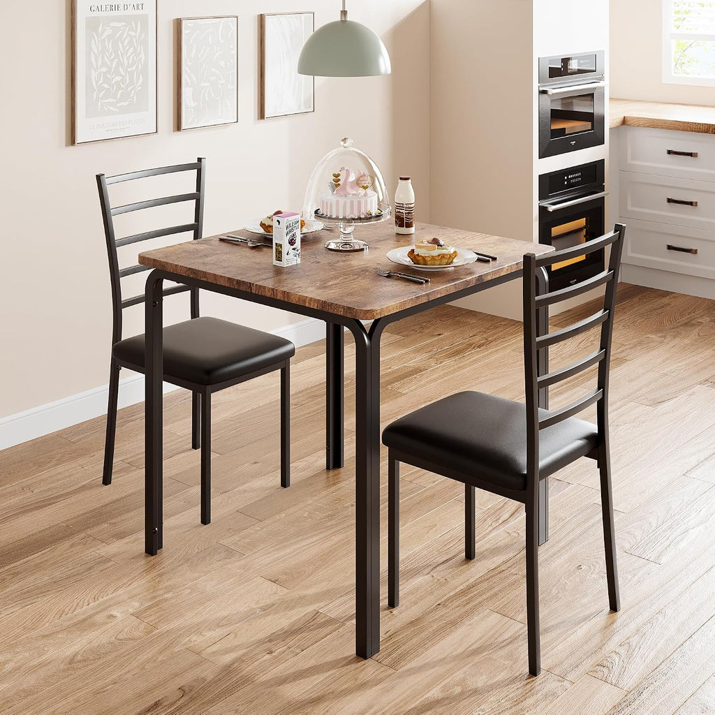 GarveeHome 3-Piece Kitchen Dining Room Table Chair Set for Small Space, Indoor Modern Dinette Set for 2, Square Dinner Table Set for Dinette (Rustic Brown‌, Dining Table with 2 Chairs)