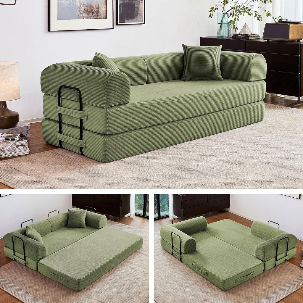 79" Convertible Sofa Bed, Sleeper Futon Couch for Living Room | 5-in-1 Sleeper Sofa, Pull Out Couches with Soft Corduroy, No Assembly Required, Apartment Friendly, Light Green