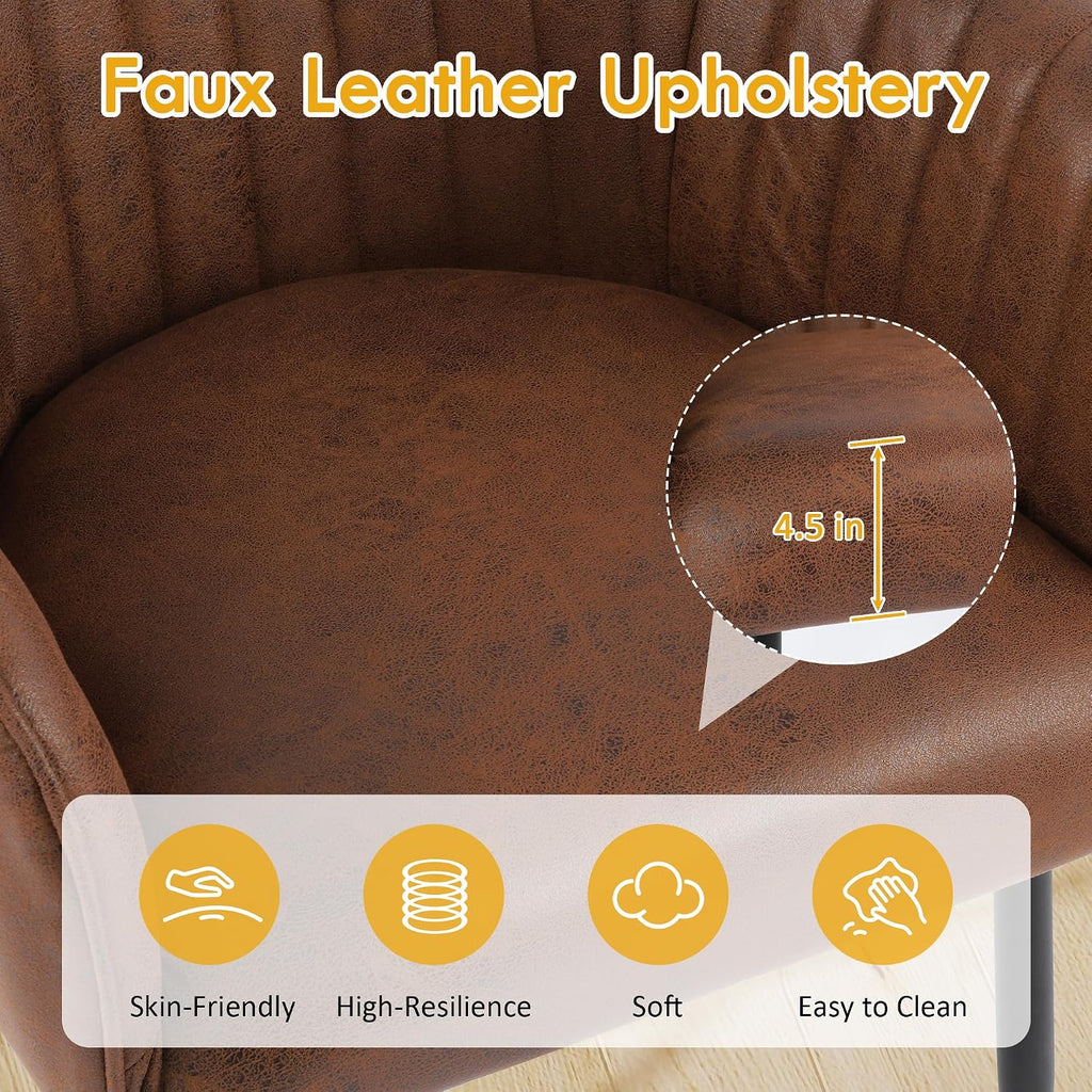 LSSPAID Dining Chairs Set of 2, Upholstered Faux Leather Modern Accent Vanity Armchair with Gold Metal Legs for Kitchen Bedroom Living Room, Brown