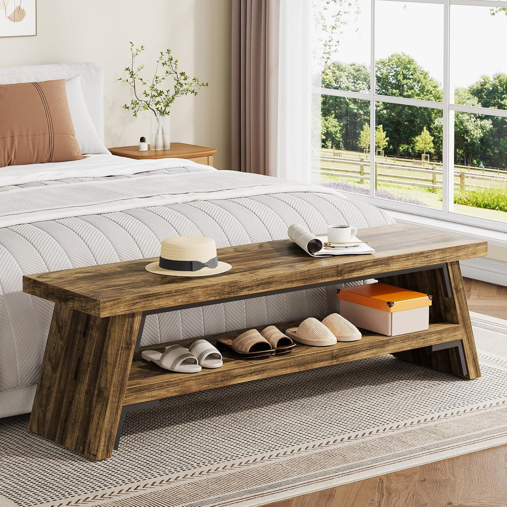 47 inch Entryway Bench, Wood Entry Bench for Shoe Storage, 2-Tier Modern Farmhouse Long Shoe Bench for Hallway, Front Door, Bedroom, Living Room, Closet, Mudroom, Rustic Brown