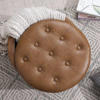 Adeco Brown Upholstered Round Faux Leather Storage Ottoman with Solid Wood Grain Plastic Legs | Tufted Foot Rest Ottoman for Living Room & Bedroom | Decorative Home Furniture