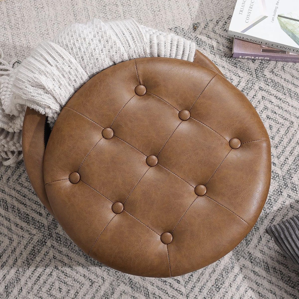 Adeco Brown Upholstered Round Faux Leather Storage Ottoman with Solid Wood Grain Plastic Legs | Tufted Foot Rest Ottoman for Living Room & Bedroom | Decorative Home Furniture