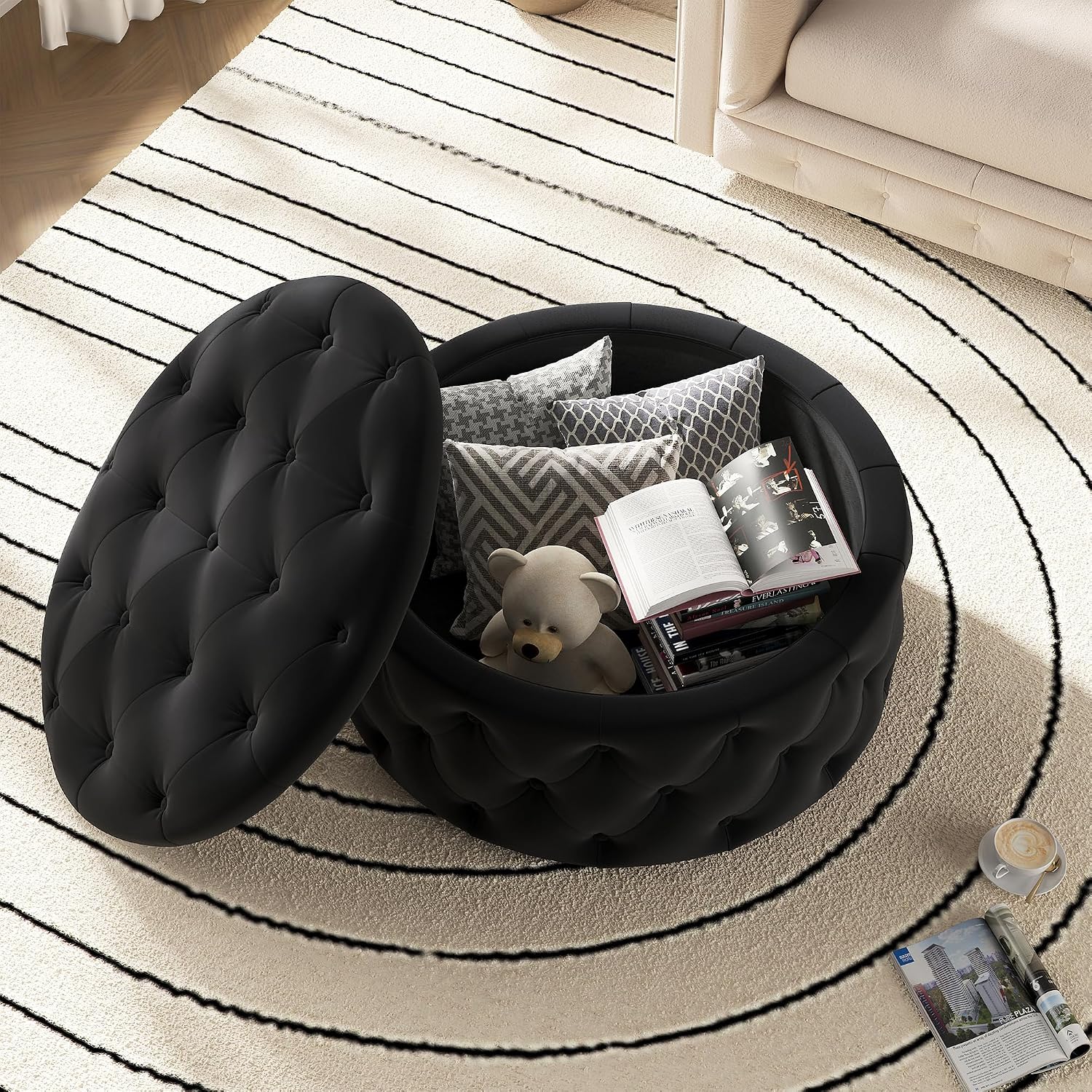 FiveWillowise 30 Inch Round Ottoman with Storage Tray,Large Coffee Table | Circle Modern Button Footstool with Removable Lid,Cozy Foot Stools for Living Room, Bedroom,Makeup Room,Black