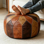 Thgonwid Round Unstuffed Pouf Cover, Faux Leather Storage Ottoman, Boho Moroccan Foot Stool, Multi-Purpose Home Decor for Living Room, Bedroom and Balcony, Retro Moroccan Color, No Filling Included