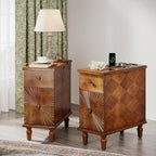 Solid Wood Sunburst End Table, No Assembly Required 2 Drawers Sofa Side Bedside Table with Sunbeam Texture for Living Room, Vintage Nightstand for Bedroom (Caramel Brown, 1PC, w/Charging Station)