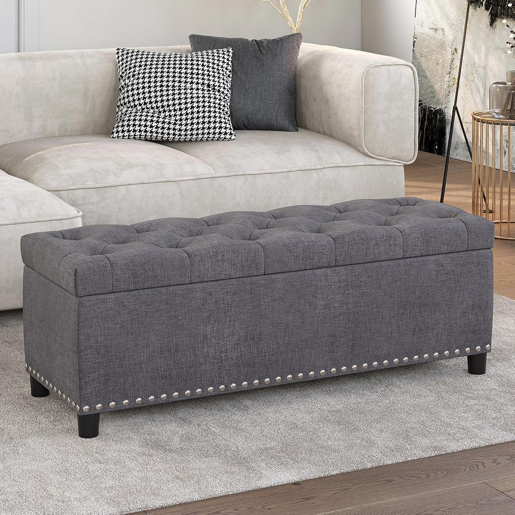 BELLEZE Storage Ottoman, Tufted Ottoman with Close Hinge, Foot Rest for Living Room (Gray, 47 inch)