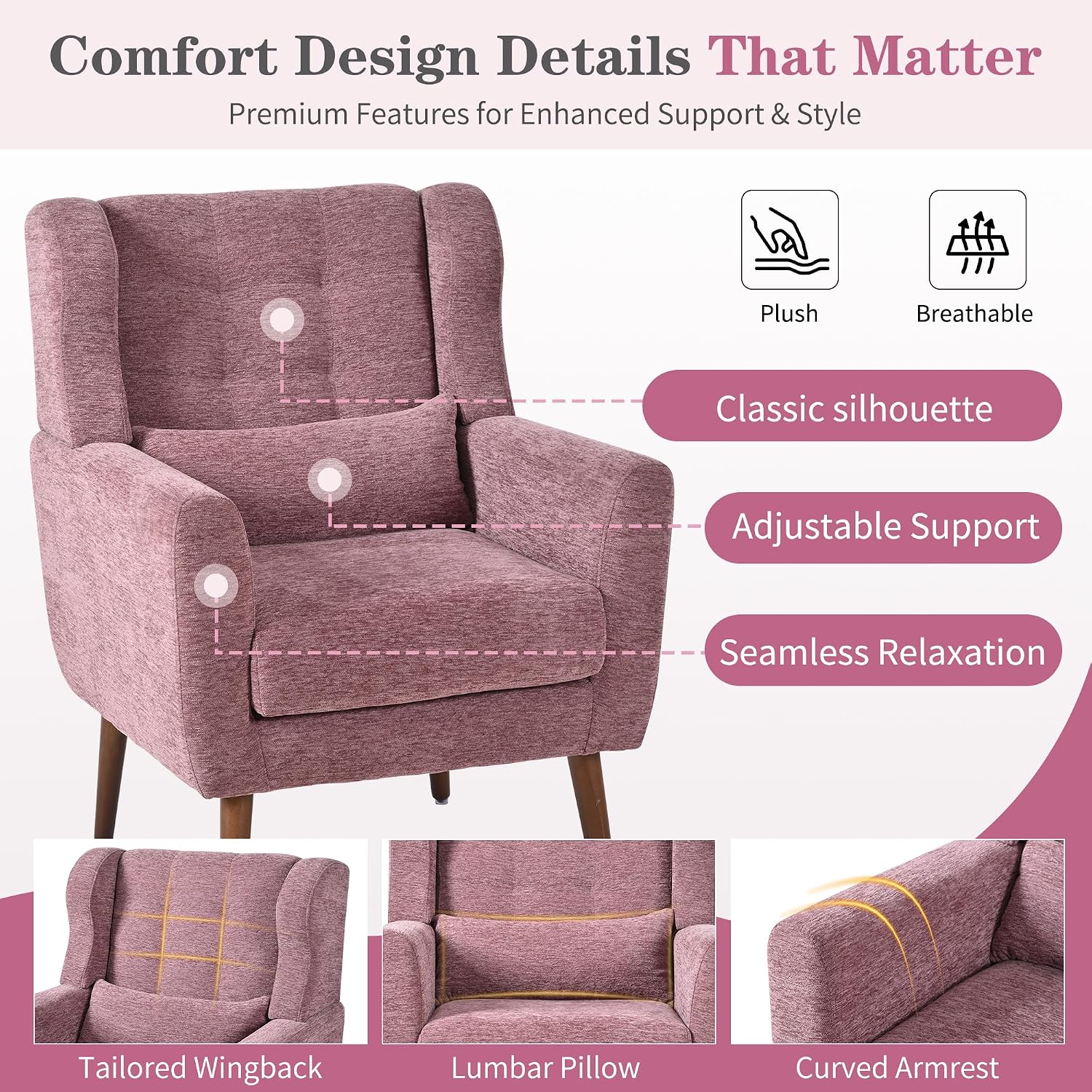 Modern Accent Chair, Upholstered Armchair with Pillow, Fabric Single Sofa Chair with Lounge Seat Solid Wood Legs Accent Chair for Living Room Bedroom Small Spaces (Purple)