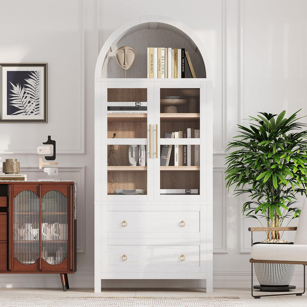 71" Tall Arched Kitchen Pantry Cabinet, Modern Farmhouse Freestanding Food Storage Cabinet with 2 Large Drawers & Adjustable Shelves, Glass Door Wood Cupboard for Kitchen & Dining Room,White