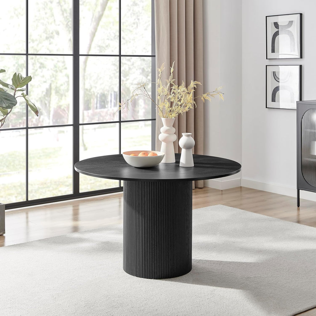 Furniturebox UK Dining Table - 'Penrose' Black 120cm 4-6 Seat Round Wooden Pedestal Dining Table - Melamine Veneer - Slatted Wood Pillar Leg - Modern Scandi Japanese Style Dining Furniture (Black)