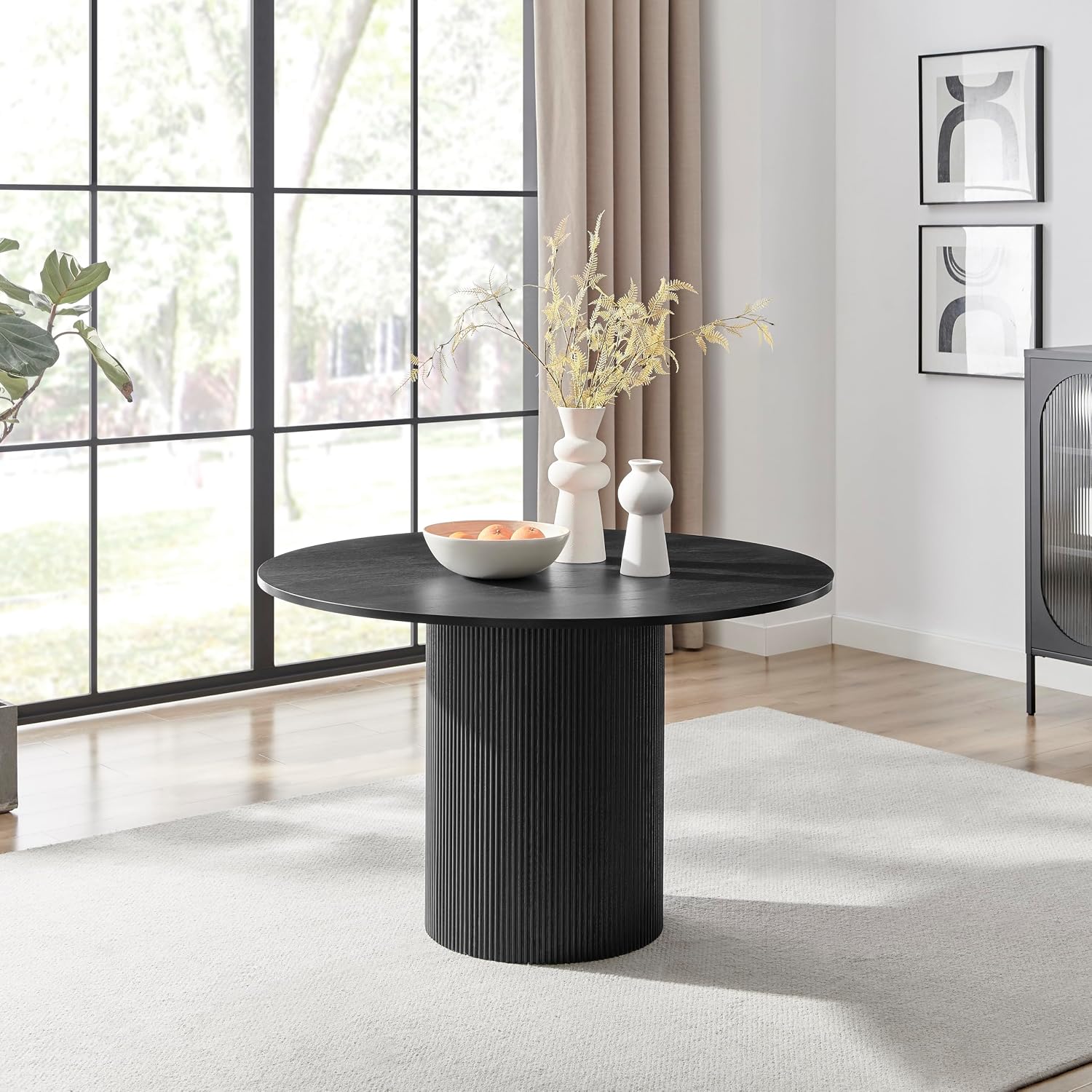 Furniturebox UK Dining Table - 'Penrose' Black 120cm 4-6 Seat Round Wooden Pedestal Dining Table - Melamine Veneer - Slatted Wood Pillar Leg - Modern Scandi Japanese Style Dining Furniture (Black)