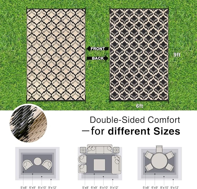 OLANLY Reversible Outdoor Rug 6x9 ft Clearance, Waterproof Outdoor Plastic Straw Rug with Interlacing Pattern, RV Mat for Patio, Camping, Balcony, Deck, Backyard, Black & Beige