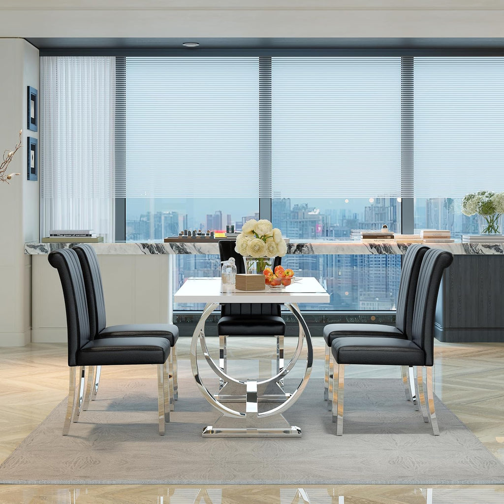 ACEDÉCOR Modern Dining Chairs Set of 6, Black Leather Dining Room Chairs with Silver Stainless Steel Legs, Upholstered Chairs with High Back and Metal Chrome Legs for Kitchen/Living Room/Restaurant