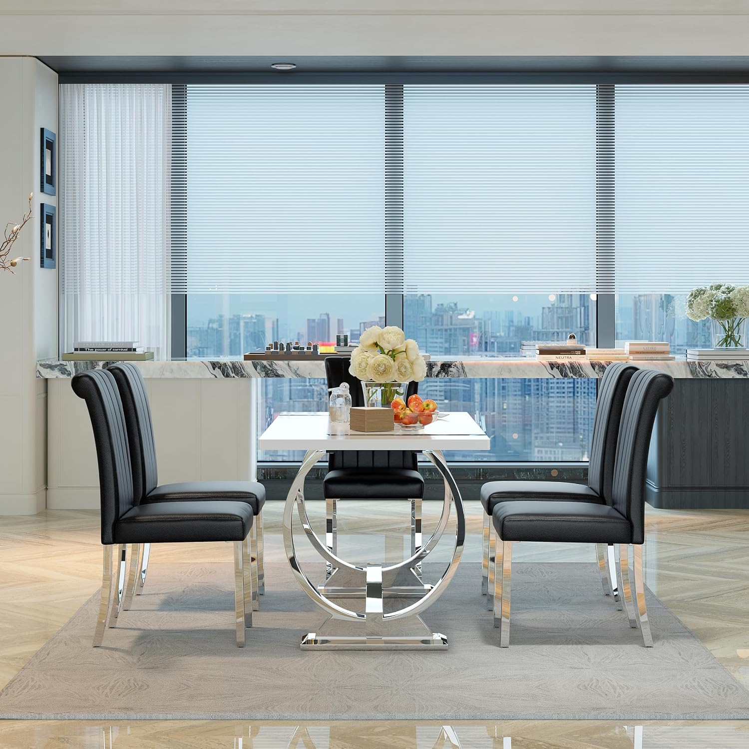 ACEDÉCOR Modern Dining Chairs Set of 6, Black Leather Dining Room Chairs with Silver Stainless Steel Legs, Upholstered Chairs with High Back and Metal Chrome Legs for Kitchen/Living Room/Restaurant