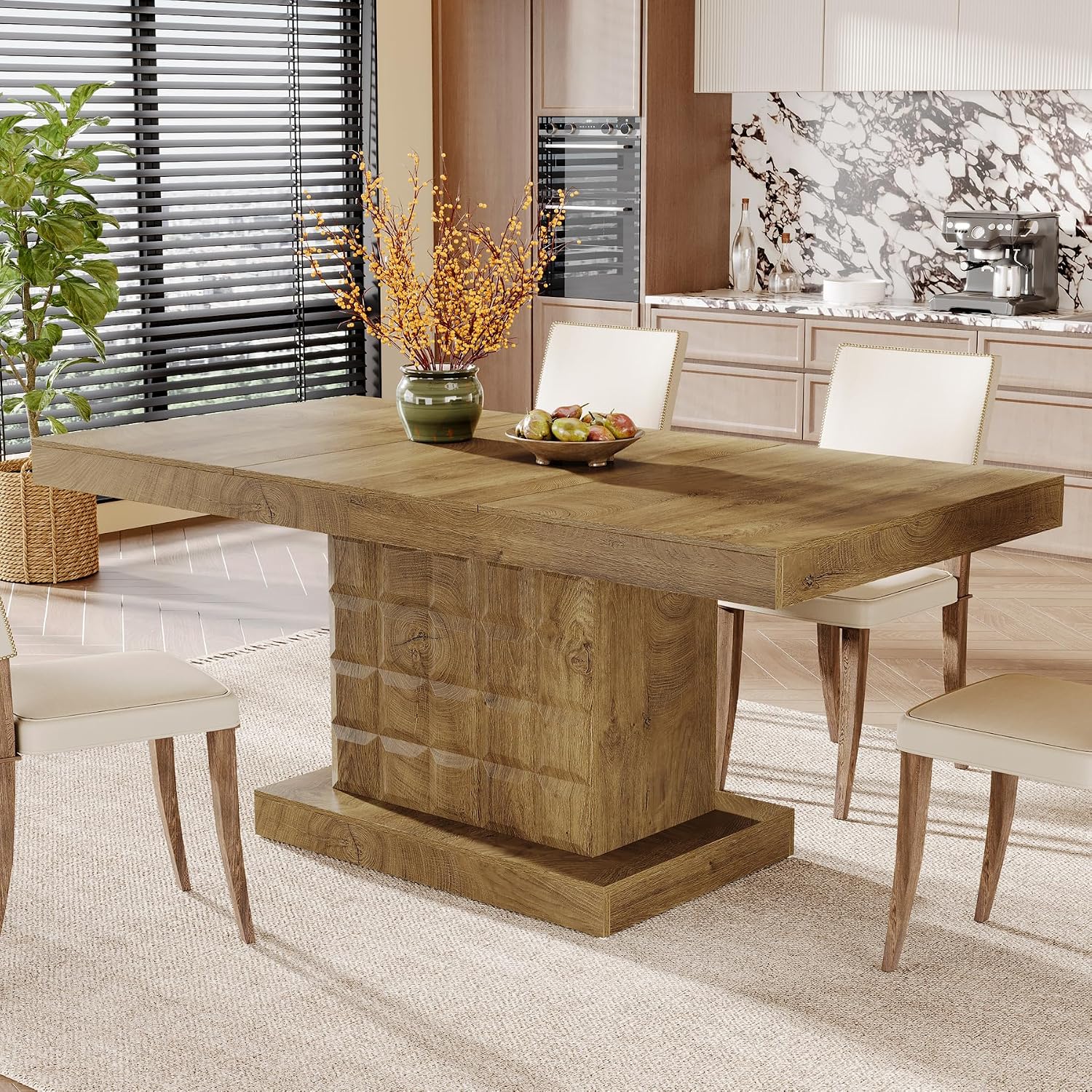 Tribesigns 63'' Dining Table for 4-6, Farmhouse Wooden Rectangular Dinner Table with Geometric Relief, Pedestal Base (Natural Brown)