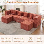 MONVANE Modular Sectional Cloud Couch for Living Room - 130'' 6 Seater Convertible Chenille Couches Set with Ottoman, No Assembly Compression Sofas, Comfy Floor Sofa with Memory Foam, Rust Red
