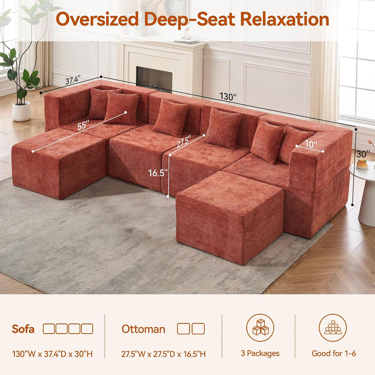 MONVANE Modular Sectional Cloud Couch for Living Room - 130'' 6 Seater Convertible Chenille Couches Set with Ottoman, No Assembly Compression Sofas, Comfy Floor Sofa with Memory Foam, Rust Red