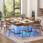 Dining Table with Drawers for 4-6 People, 55 Inches Dinner Table with Led Lights Wooden Pedestal Base, Rectangular Kitchen Table for Kitchen, Living Room, White& Rustic Brown