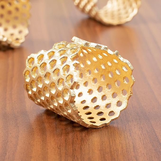 Gold Honeycomb Napkin Rings Set of 10 - Elegant Lightweight Metal Serviette Holders for Dining Table, Wedding, Party & Home Décor - CLEENTABLE