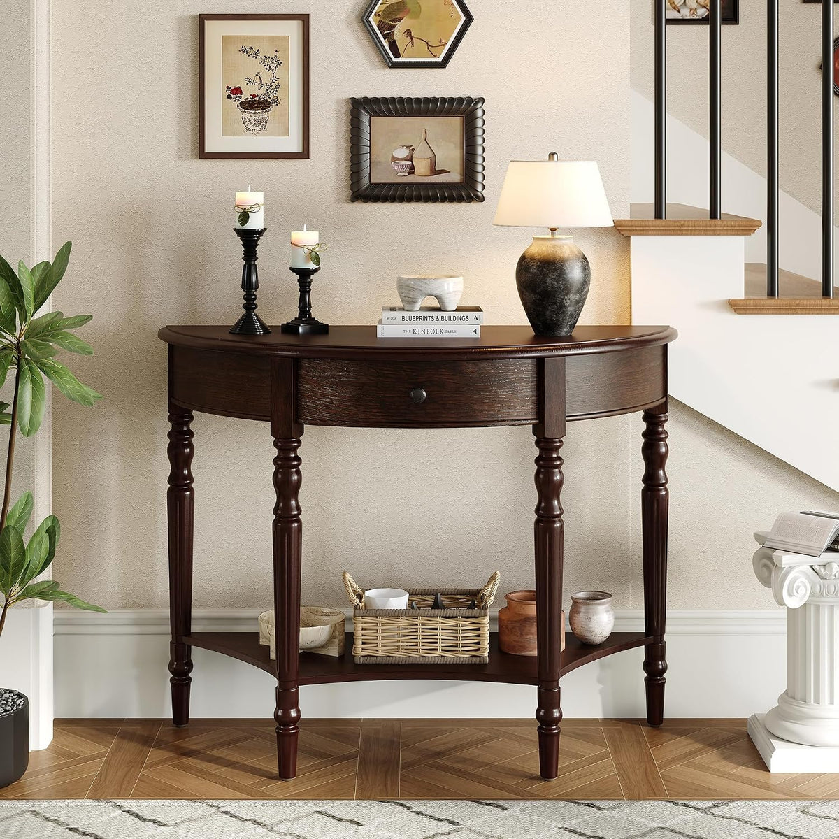 LUMISOL Half Moon Console Table with Drawer, 39'' Farmhouse Entryway Table with Shelf, Rustic Sofa Tables for Living Room Foyer Hallway, Espresso