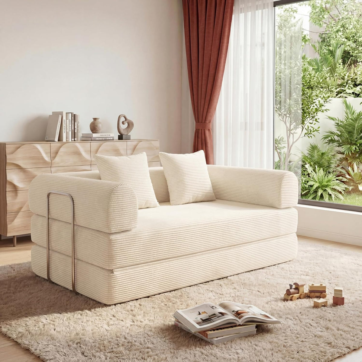Futon Sofa Bed Modular Loveseat Sleeper Folding Pull Out Couch with Pillows, No Assembly Required Couch for Living Room Bedroom Guest Room (Beige, 53.15" Loveseat Sofa)