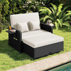COSTWAY Patio Rattan Daybed with Cushions, Outdoor Wicker Loveseat Sofa with Storage Ottoman, 4-Level Adjustable Backrest, Bed Lounger for Yard, Balcony, Porch, Garden, Pool (Black+White)