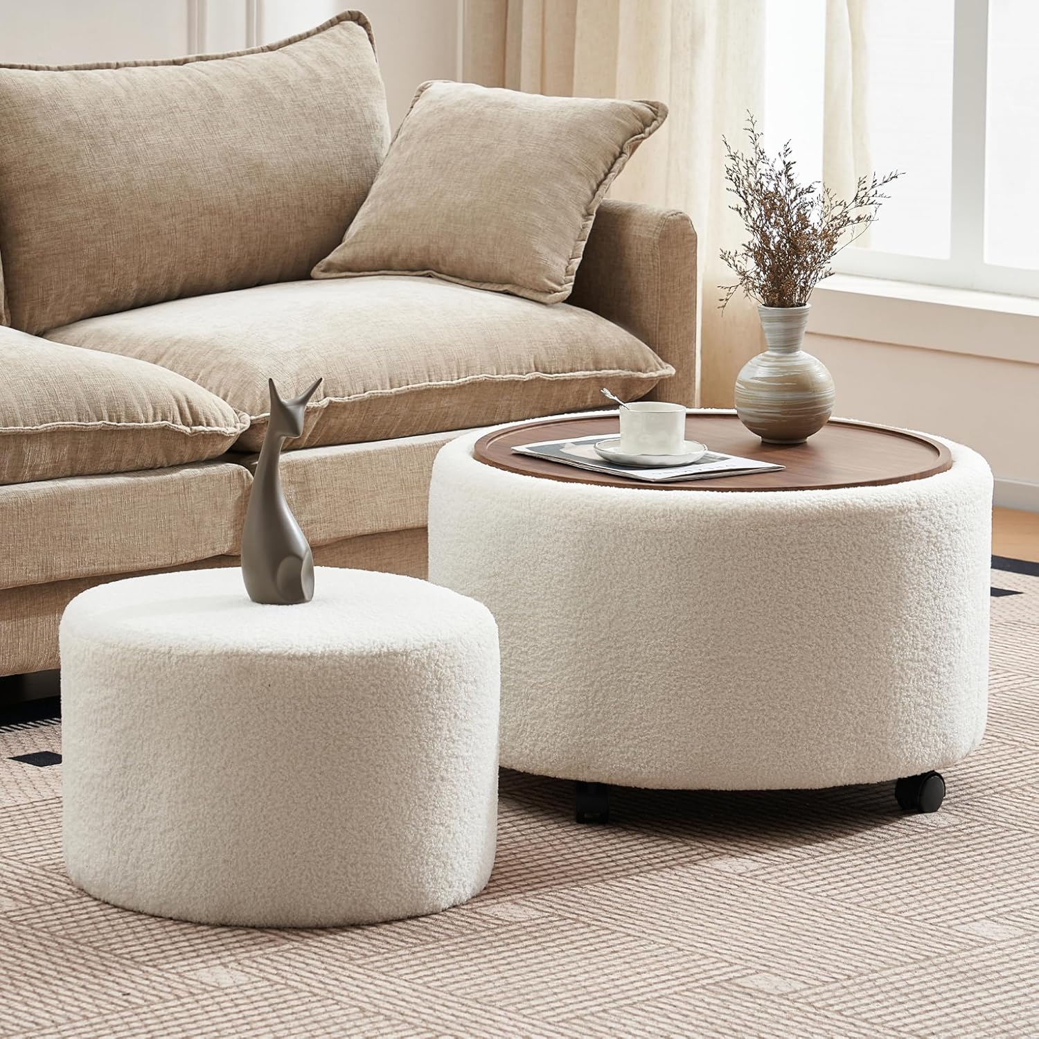 28 Inch Round Storage Ottoman with Wheels Set of 2, Multifunctional Coffee Table Ottoman with Removable Solid Wood Lid, Modern Circle Ottoman Foot Rest for Living Room, Bedroom, Beige