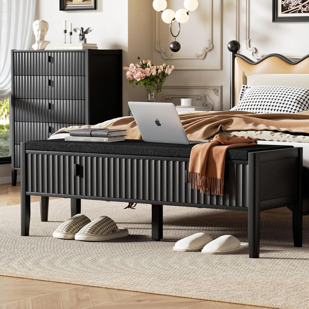 Furniway Black Fluted Shoe Bench with 2 Drawers, Entryway Storage Bench with Thick Padded Cushion Seat, Open Bottom Shoe Storage Shelf for Hallway, Living Room, Bedroom, 47.2" W