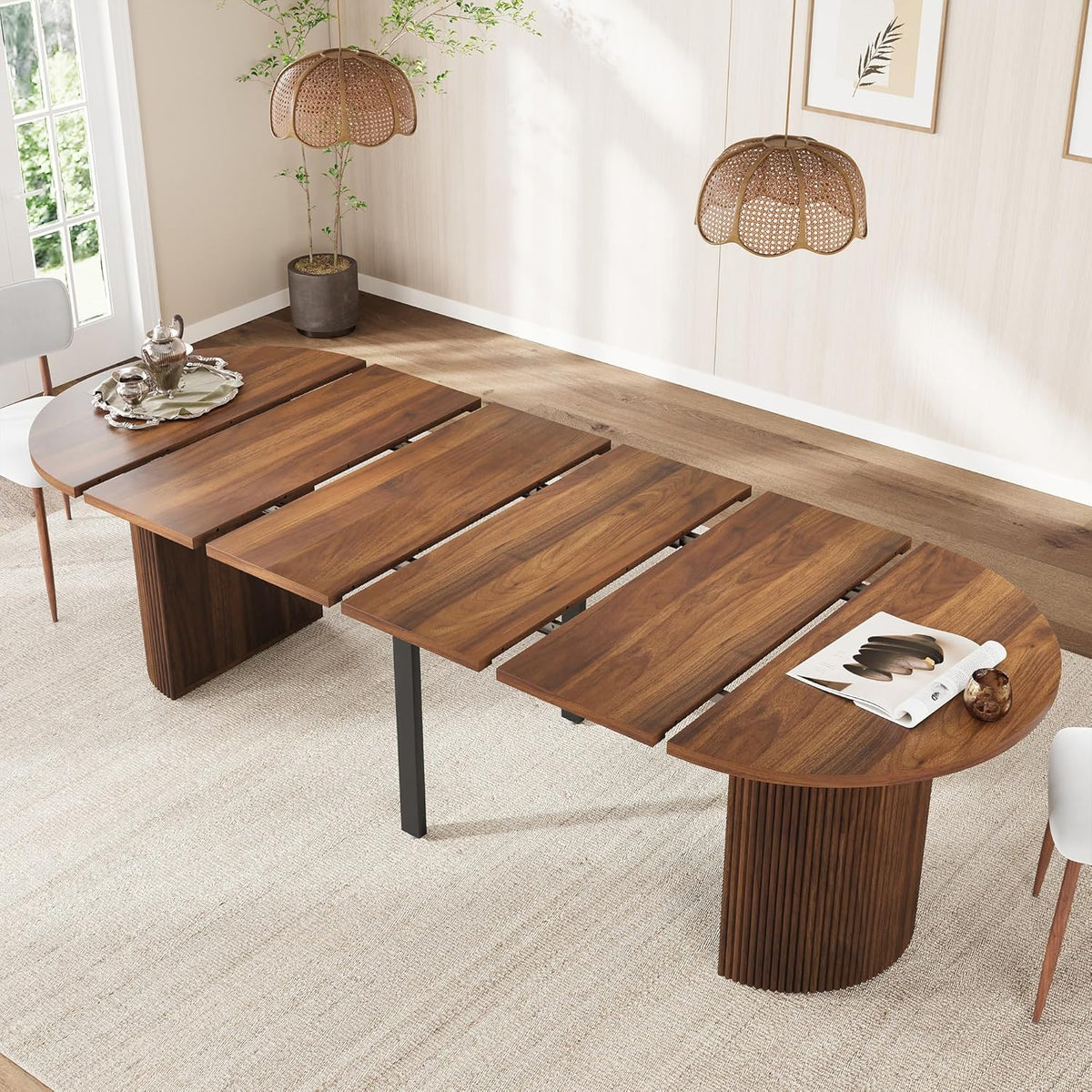 weselon 42"-105" Extendable Dining Table for 4-12, Expandable Oval Dining Room Table with Fluted Pedestal Base & Reinforced Metal Support Leg, Large Modern Kitchen Table for Dining Room (Walnut)
