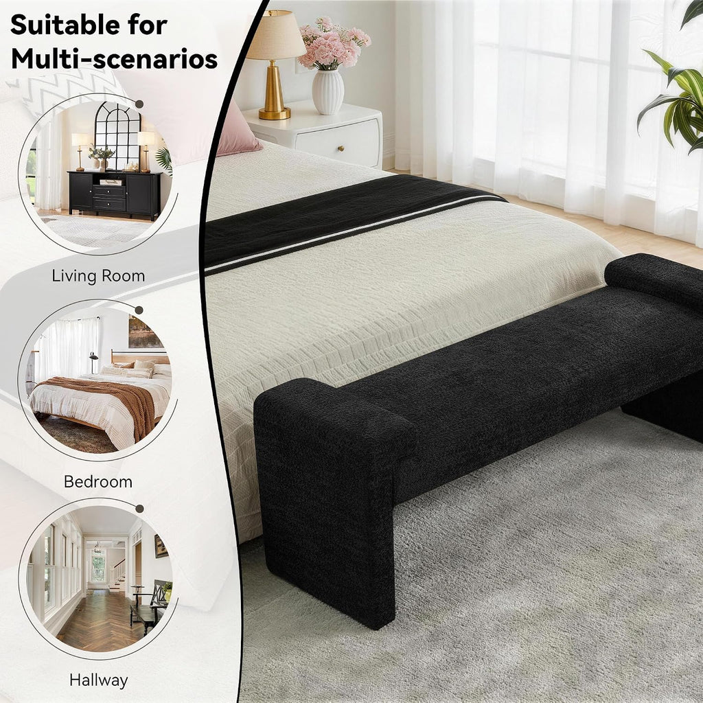 58.7" Upholstered End of Bed Bench, Entryway Bench with Curved Armrests, Modern Bedroom Bench Seat with Solid Wood Frame for Living Room, Hallway, Black