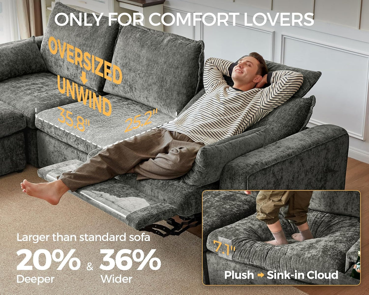 Oversized Modular Power Recliner Sofa Wall Hugger, Cloud Reclining Couch with Headrest, Storage Ottoman, Drawer Charging Cup Holder, Deep L-Shaped 6 Seater with Dual Electric Recliner, Chenille, Grey