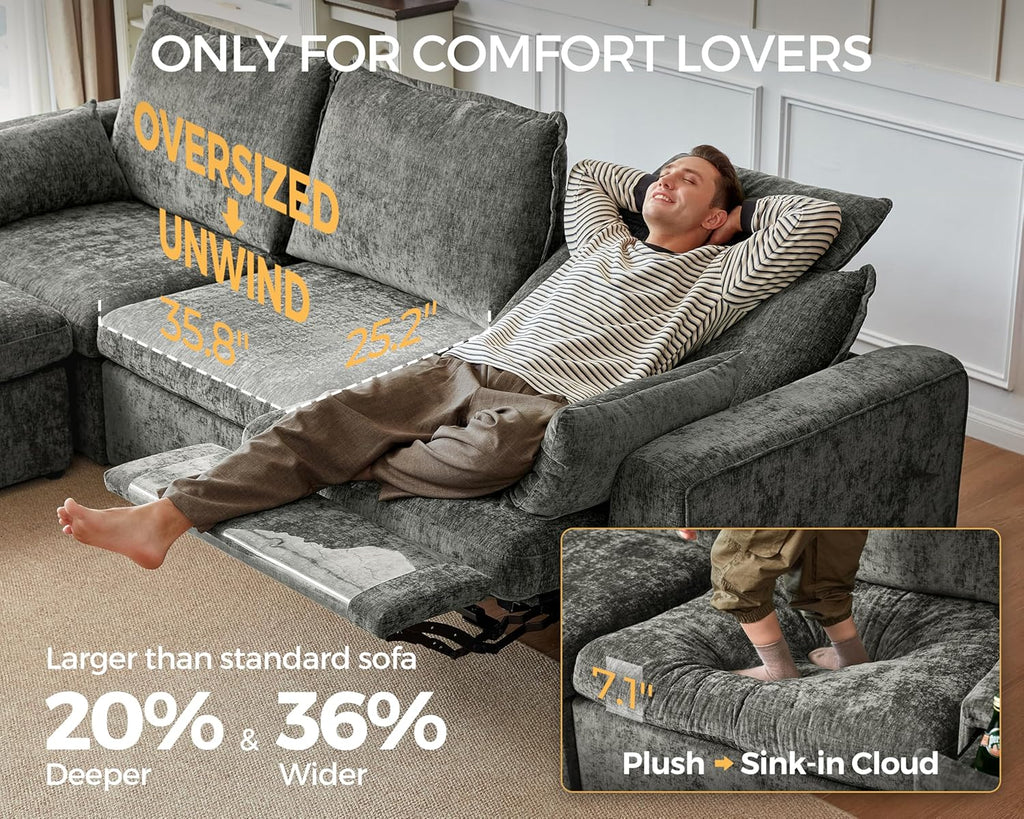 138.6'' Oversized Power Recliner Sofa with Headrest, Modular Cloud Sectional Couch with Convertible Table, Charging, Drawer, Cup Holder, 4-Seater with Storage Ottoman, Chenille, Grey