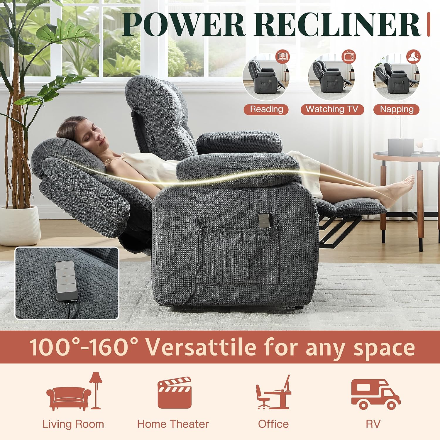 Jocisland 78" Power Reclining Sofa, Electric Recliner Couch, Dark Gray | 160° Power Reclining Sofa, Dual Wingback Design, Side Storage Pockets, Plush Fabric Upholstery