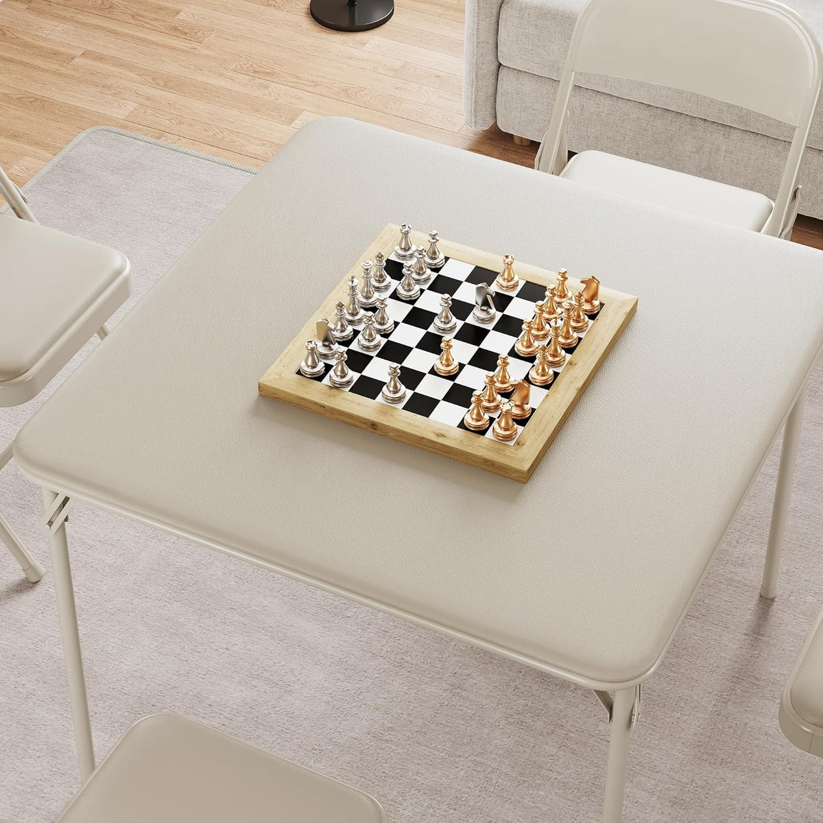 Folding Card Table, 34 Inch Portable Square Game Table with Collapsible Legs, Multifunctional Foladable Table with PU Padded Tabletop for Home, Parties, Picnics, Games, 1 Piece, Beige