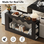 63-Inch Smart Console Table with App & Button Controlled RGB Lights, Wavy Edge Wood Farmhouse Entryway Table, Rectangular Accent Sofa Table Behind Couch for Hallway Foyer Entrance, Black