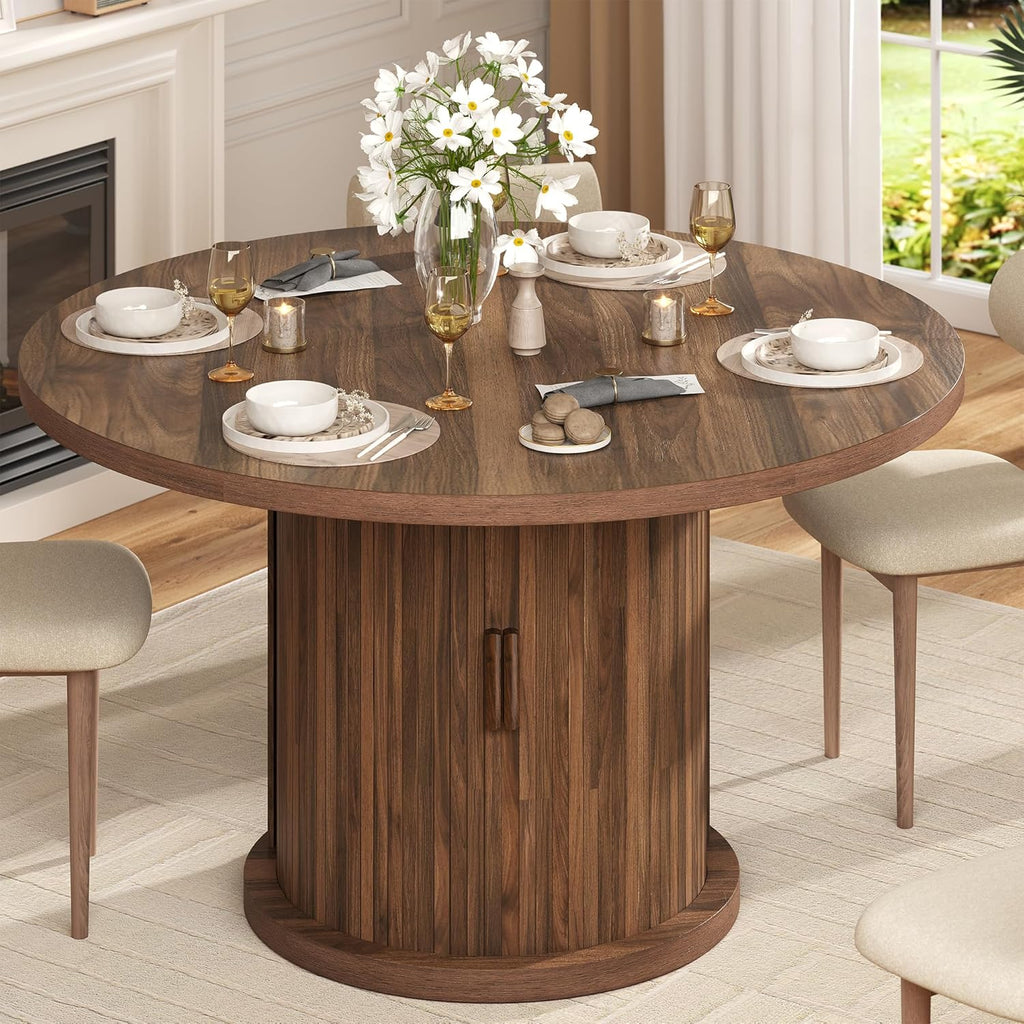47.24" Round Dining Table for 4, Farmhouse Fluted Kitchen Tables Dining Room Circle Dinner Table, Modern Wood Kitchen & Dining Room Tables