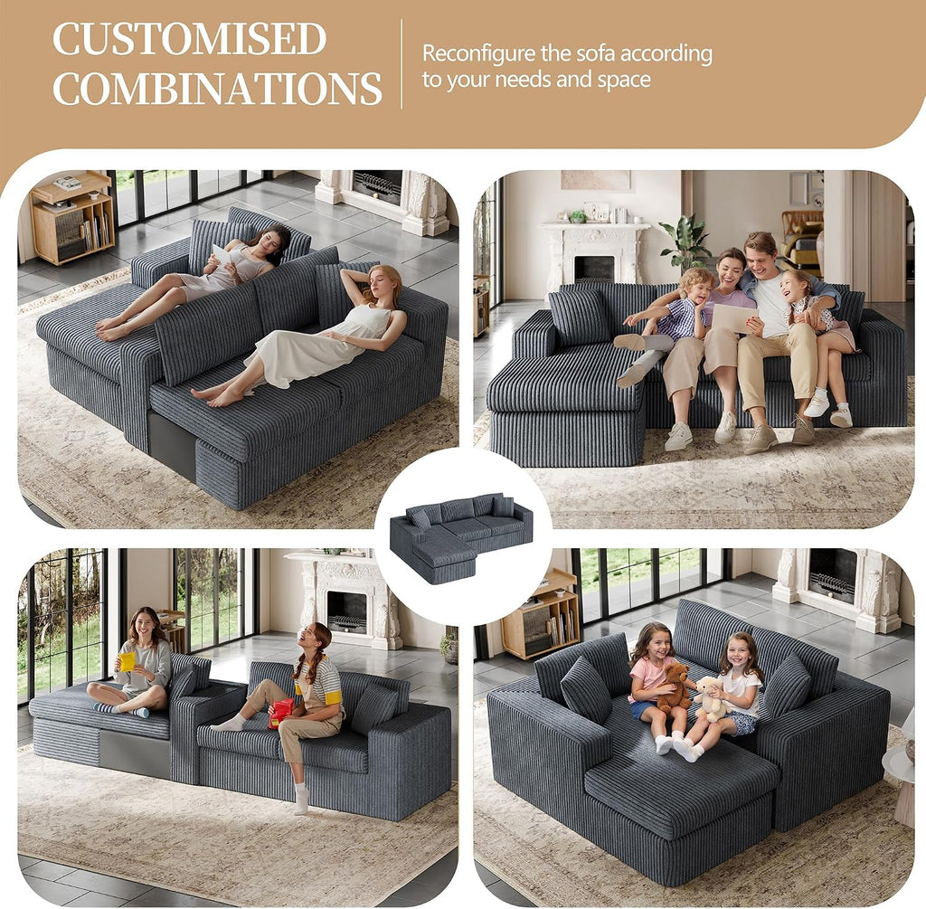 Vongrasig 105" Couches for Living Room,Sectional Couches Modular Sofa with L-Shaped Chaise, Memory Foam Comfy Cloud Couch with Plush Corduroy Fabric, No Assembly Required, (Dark Grey)