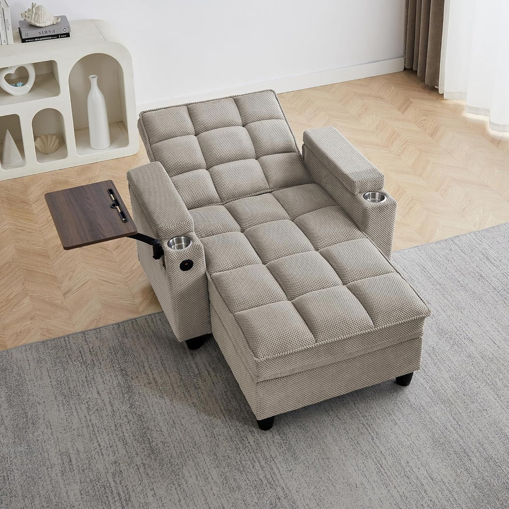 Eafurn Convertible Chaise Lounge Sleeper Chair with Storage and 6-Position Reclining Backrest,Modern Tufted Recliner Lounge Chaise Chair with Swivel Tray Table & USB Port for Living Room