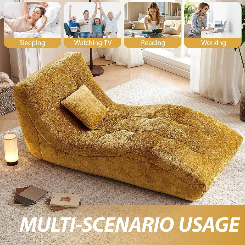Chaise Lounge Chair with Curved Back, Modern Upholstered Recliner Sofa, Tufted Accent Lounger Comfortable Lazy Chair for Bedroom, Apartment (Yellow)