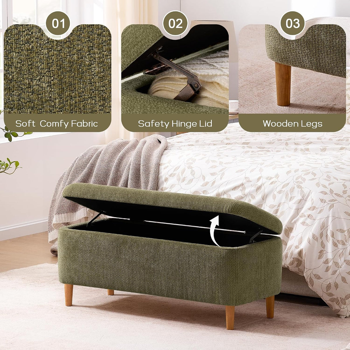 39.4”Ottoman with Storage,Upholstered Comfy Storage Bench Ottoman with Wooden Legs,End of Bed Bench Footstool for Hallway Entryway Bedroom Living Room Green