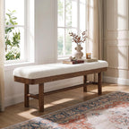 55-Inch Solid Wood Entryway Bench, Rustic Upholstered Bench, Modern Dining Bench with Cushion for Entryway, Dining Room, Mudroom, Porch, Easy Assembly, White & Brown